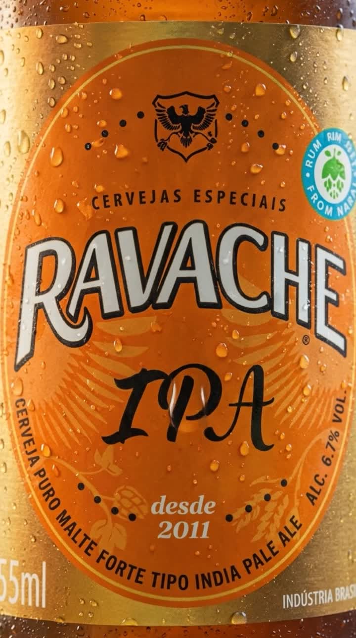 A close-up of a Ravache IPA bottle with condensation